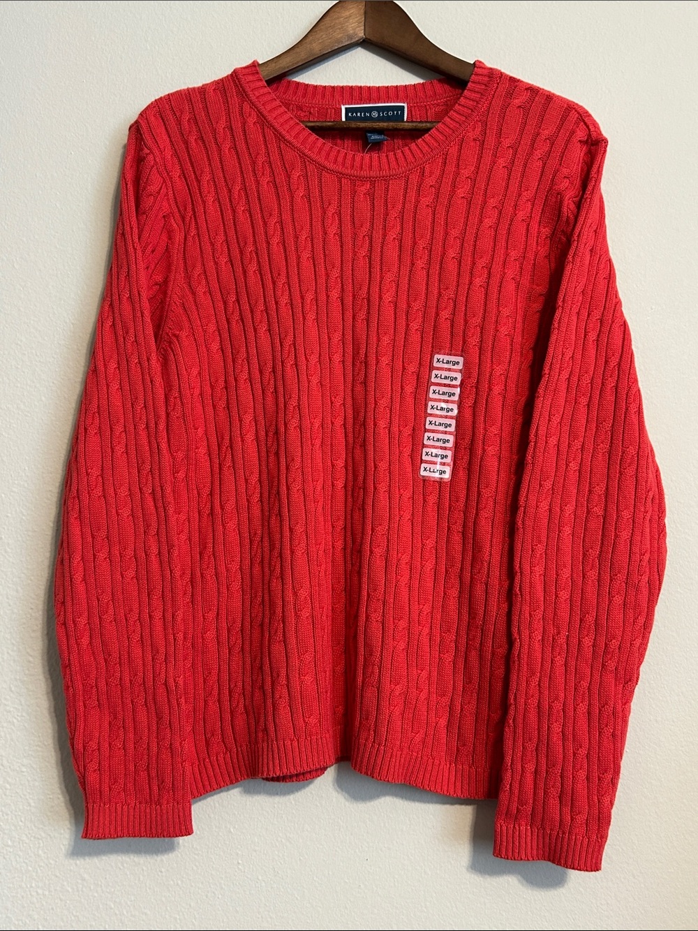 Karen Scott Red 100% Cotton Cable‑Knit Sweater – XL